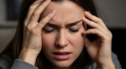 Woman with hands on temples experiences headache, showing distress.