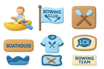 Cute 3d rowing icons set with paddles, boat, and team apparel