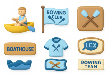 Cute 3d rowing icons set with paddles, boat, and team apparel