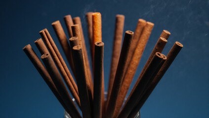 Blue background top view of air freshener sticks with cinnamon and orange scent