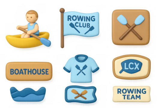 Cute 3d rowing icons set with paddles, boat, and team apparel