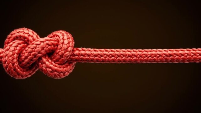 A closeup macro shot of a red rope tied in a double figureeight knot on a dark background
