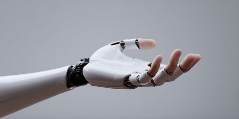 Futuristic robotic hand with outstretched fingers against grey background