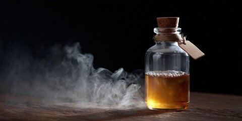 Mysterious smoking bottle with amber liquid on wooden surface