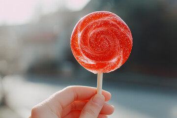 a person holding a red lollipop in their hand