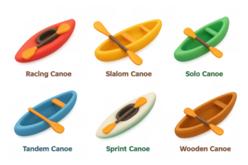 Colorful 3d canoe models with oars for various water sports activities