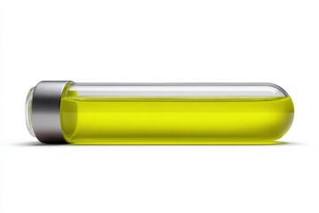 Bright yellow liquid in glass test tube with metal cap on white background