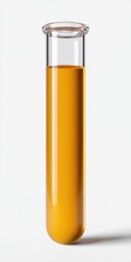 Orange liquid in laboratory test tube on white background