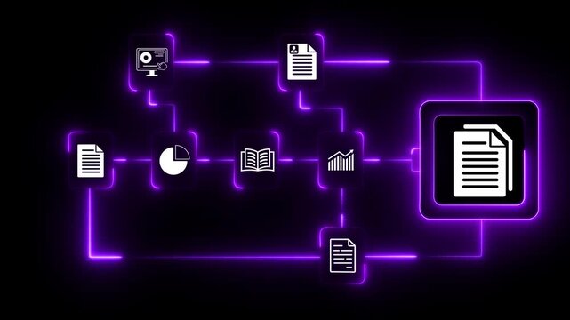 Businesswoman working on virtual screen animation. Online documentation database, IT consultant being set up Virtual Document Management System with a laptop, document icon symbol