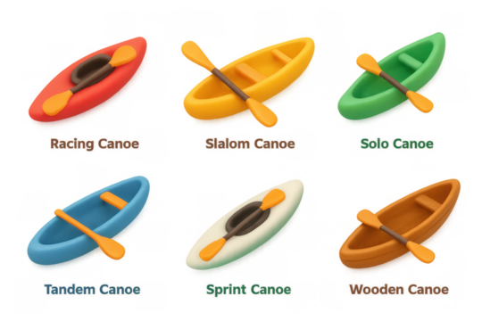 Colorful 3d canoe models with oars for various water sports activities