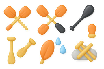 Colorful cartoon oars and paddles set with water droplets