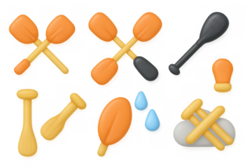 Colorful cartoon oars and paddles set with water droplets