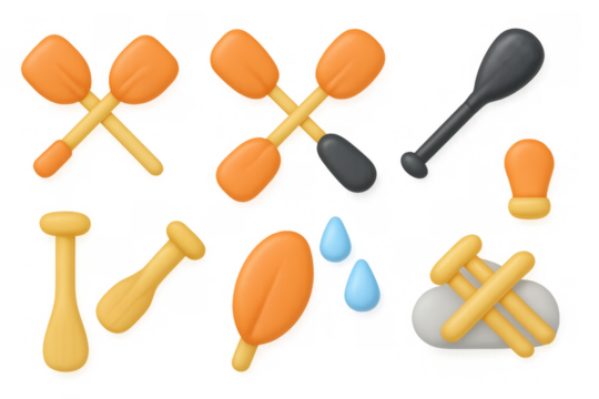 Colorful cartoon oars and paddles set with water droplets