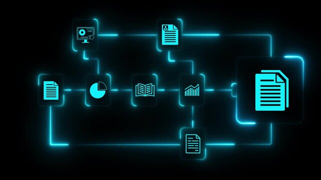 Businesswoman working on virtual screen animation. Online documentation database, IT consultant being set up Virtual Document Management System with a laptop, document icon symbol