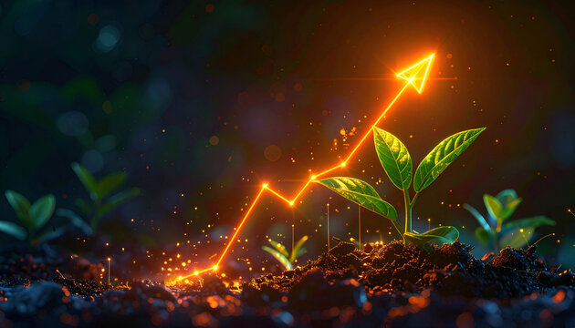 A glowing orange graph line ascending rapidly from fertile soil, emphasizing exponential growth, successful startup concepts, and the integration of ecology and business (ESG/Green Finance).