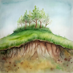 grassy-hill-with-soil-layers--tree-roots ,watercolor background