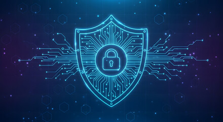 Cybersecurity shield icon with a lock symbol in the center, glowing neon blue lines, digital network grid background.