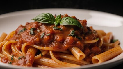 Rich tomato sauce-infused pasta dish with aromatic basil and oregano a culinary delight to the senses