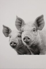 Fototapeta premium Realistic drawing of two curious young pigs with floppy ears facing forward