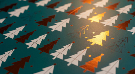 Close-up of repeated stylized tree pattern in white, copper and gold foil on a teal background, suggestive of holiday season, celebration, and design