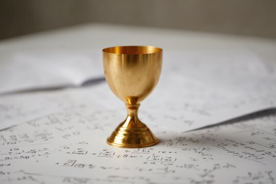Golden chalice on mathematical equations background