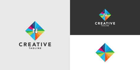 Digital colorful abstract icons, elements and symbols with initial N logo, template