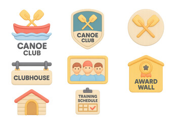 Canoe club emblems and icons in pastel 3d style for outdoor adventure