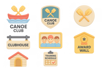 Canoe club emblems and icons in pastel 3d style for outdoor adventure