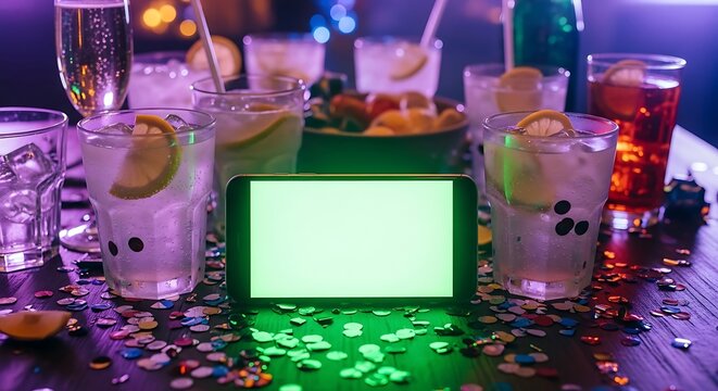 Smartphone displaying green screen with drinks and confetti