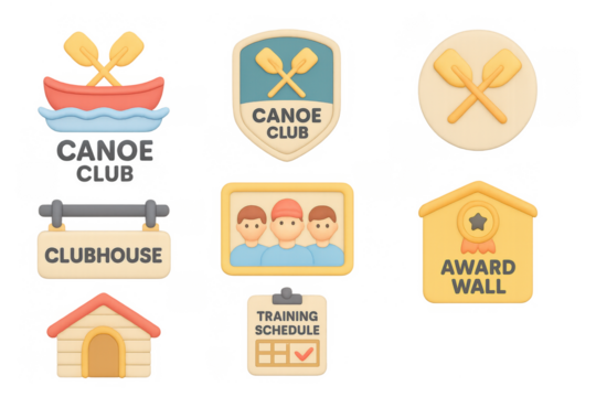 Canoe club emblems and icons in pastel 3d style for outdoor adventure