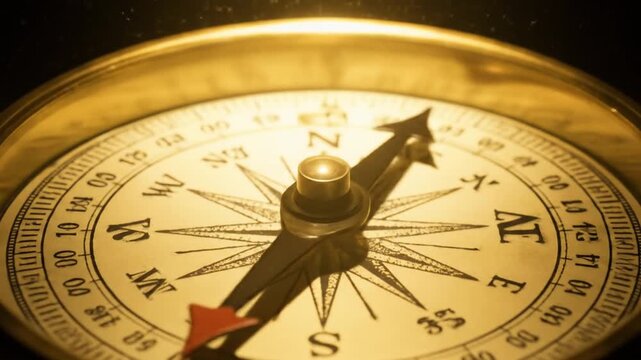 A closeup of a vintage brass compass on a dark background