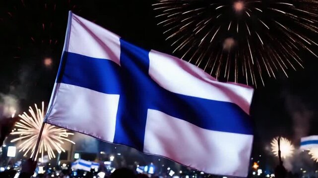 Finland celebrates with vibrant fireworks and waving flags, a patriotic display of national pride and unity during a festive celebration