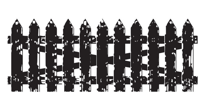 Uniform wooden picket fence silhouette with a row of posts and rails along a rustic boundary.