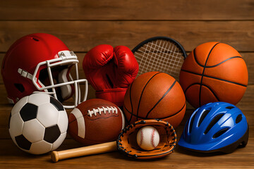 Assortment of sports equipment displayed against a rustic wooden backdrop showcasing athletic gear variety
