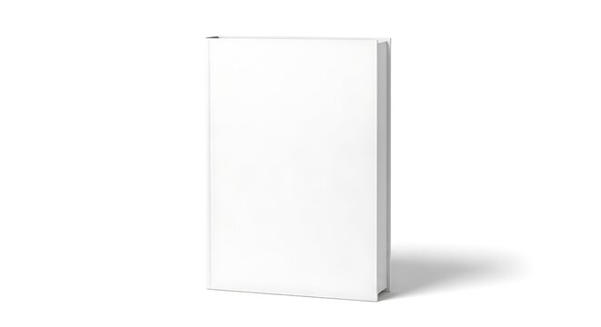 Blank white book standing upright with an empty cover for custom design or branding, isolated on white background