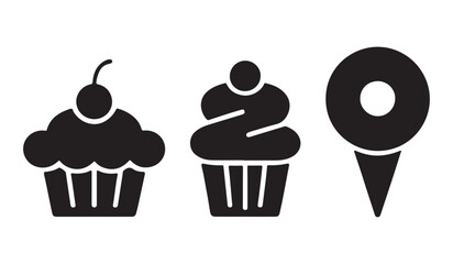  Three stylized dessert icons including a cupcake with cherry a swirl cupcake and a donut pin silhouette