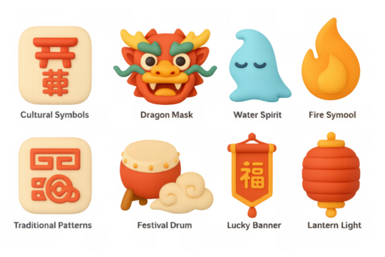 Cultural icons: dragon mask, water spirit, fire symbol, traditional patterns, festival drum, lantern light