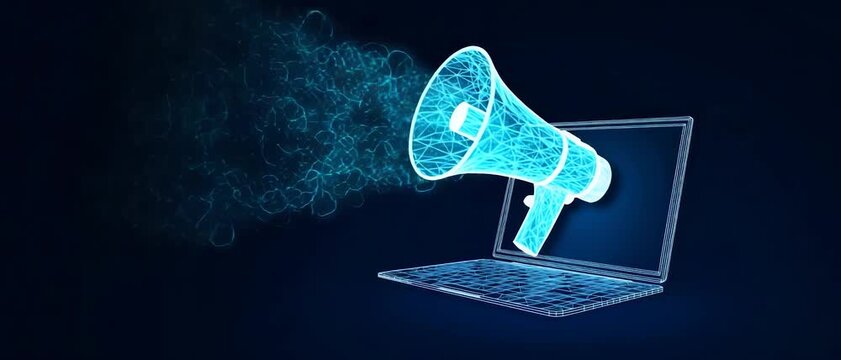 Digital Marketing Megaphone On Laptop Screen, Low Poly Wireframe Banner, Online Communication, Advertising, Social Media Promotion Concept, Long Copy Paste Area, Panoramic video