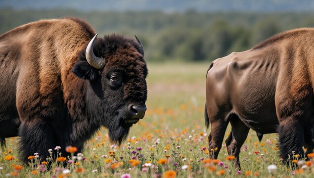 A majestic bison stands serenely amidst vibrant wildflowers exuding strength and tranquility in a breathtaking open field