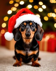 A dog in a Santa hat against a background of bokeh lights. Christmas card.