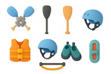 Colorful 3d canoeing gear set with paddles and safety equipment