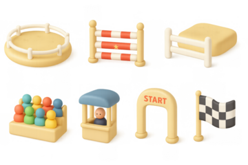 Set of cartoon racing objects including track, fence, and finish line