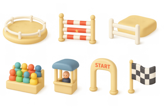 Set of cartoon racing objects including track, fence, and finish line