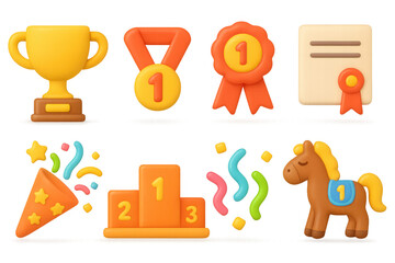 3d awards and celebrations collection: trophies, medals, ribbons, certificates, podium, festive icons