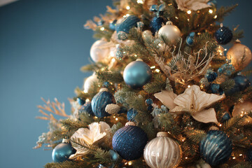 Obraz premium Weihnachtsbaum mit blauen und silbernen Kugeln vor festlichem Hintergrund