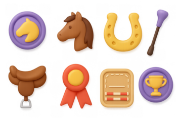 Set of cute equestrian icons in 3d style including horse, horseshoe, and riding gear