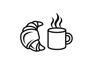 Black and white line art of a croissant next to a steaming mug