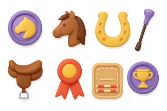 Set of cute equestrian icons in 3d style including horse, horseshoe, and riding gear