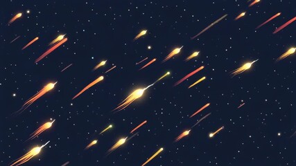 Playful cartoon meteor shower, numerous small bright meteors with glowing tails streaking across dark starry space background animation loop. - Powered by Adobe