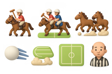 Cartoon polo match scene with horses, riders, and umpire in 3d style